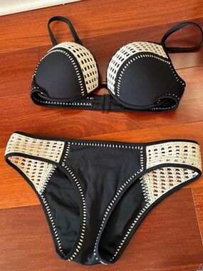 Victoria's Secret Black Bikini with Cream Crochet Trim